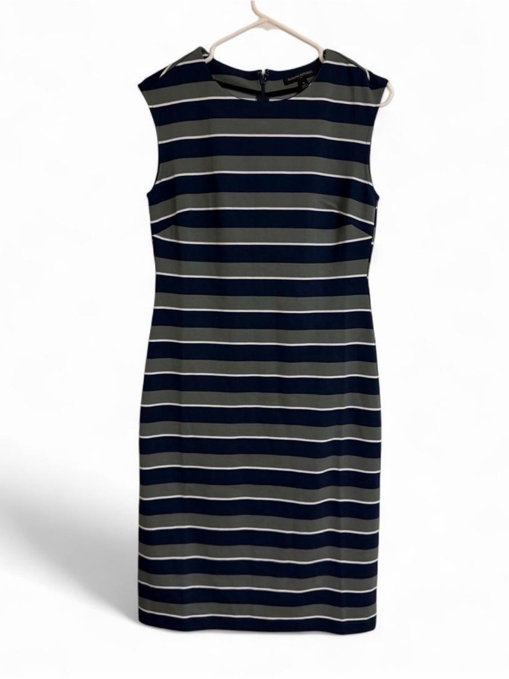 Banana Republic Navy and Gray Striped Cap-Sleeve Sheath Dress